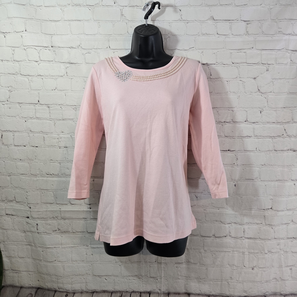 Quacker Factory  Pink Valentine's Day Pearl‎ Rhinestone Heart Tunic Top Sz M